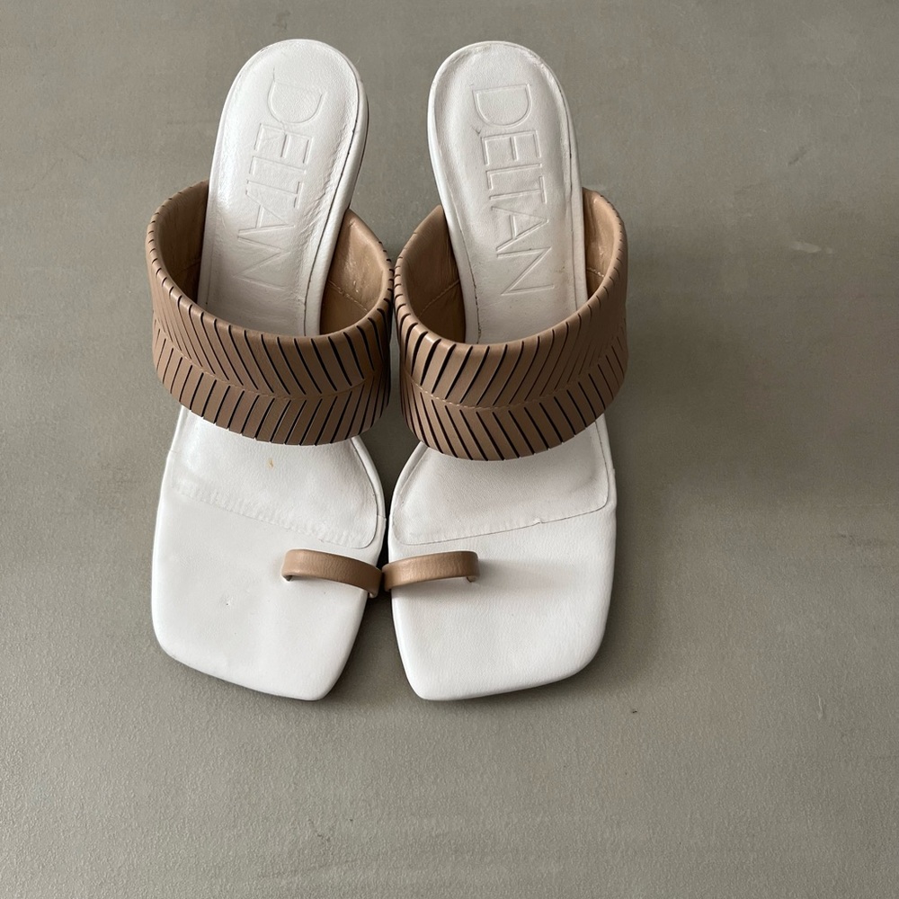Delman White Square-Toe Mules with Tan Braided Strap